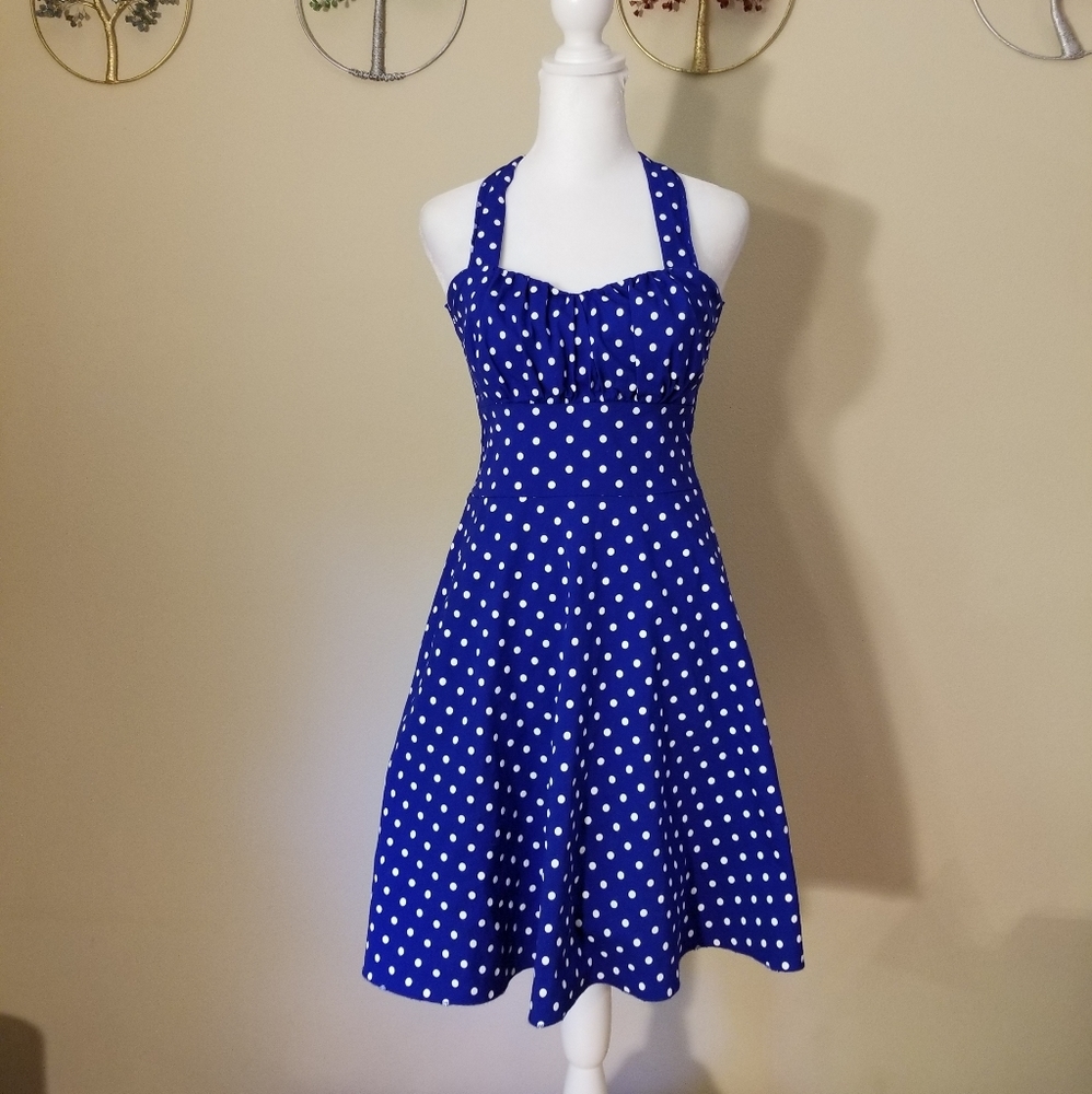 Blue and White Polka Dot Halter Dress Cinched Elastic Back Dress Size S